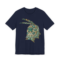 A Turquoise and Gold Mayan Warrior Face Unisex T-Shirt