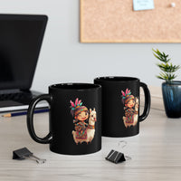 Playful Inca Girl and Llama Cartoon Black Mug