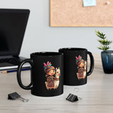 Playful Inca Girl and Llama Cartoon Black Mug