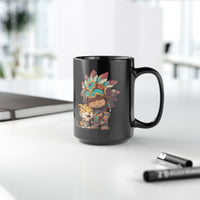 Chibi Aztec Warrior and Jaguar Cub Cartoon Black Mug
