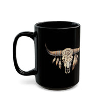 Boho Aztec Feathered Bull Skull Illustration Black Mug