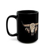 Boho Aztec Feathered Bull Skull Illustration Black Mug