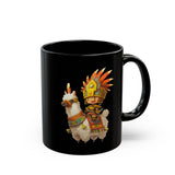 Cute Chibi Inca Warrior and Llama Cartoon Black Mug