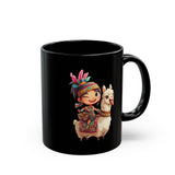 Playful Inca Girl and Llama Cartoon Black Mug