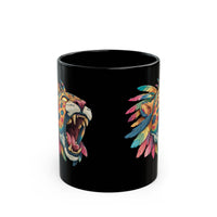 Comic Style Jaguar Mask with Rainbow Feathers Black Mug