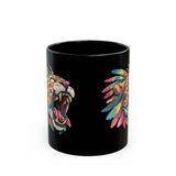 Comic Style Jaguar Mask with Rainbow Feathers Black Mug