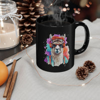 Hippie Llama in Sunglasses Watercolor Style Black Mug