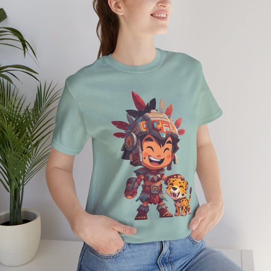 Chibi Aztec Warrior with Jaguar Cub Cartoon History Unisex T-Shirt