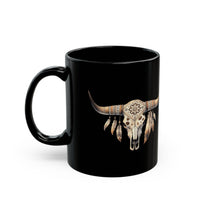 Boho Aztec Feathered Bull Skull Illustration Black Mug