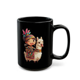 Playful Inca Girl and Llama Cartoon Black Mug