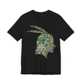 A Turquoise and Gold Mayan Warrior Face Unisex T-Shirt