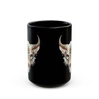 Sacred Floral Cow Skull Mandala Illustration Black Mug