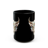 Sacred Floral Cow Skull Mandala Illustration Black Mug
