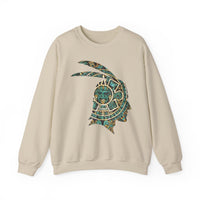 A Turquoise and Gold Mayan Warrior Face Unisex Sweatshirt