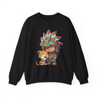 Chibi Aztec Warrior and Jaguar Cub Cartoon Unisex Sweatshirt