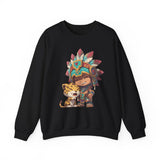 Chibi Aztec Warrior and Jaguar Cub Cartoon Unisex Sweatshirt