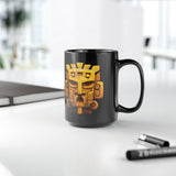 Golden Warrior Mask Andean Glyph Style Black Mug