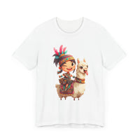 Playful Inca Girl and Llama Cartoon Unisex T-Shirt