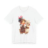 Playful Inca Girl and Llama Cartoon Unisex T-Shirt