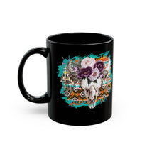 Aztec Floral Cow Skull on Turquoise Pattern Black Mug