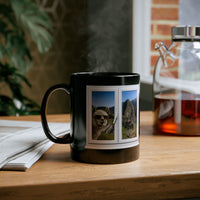 Funny Llama at the Window with Machu Picchu View Black Mug