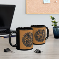 Mayan Jaguar Deity Woodcut Style Black Mug