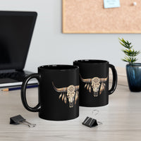 Boho Aztec Feathered Bull Skull Illustration Black Mug