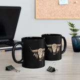 Boho Aztec Feathered Bull Skull Illustration Black Mug