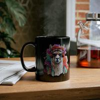 Hippie Llama in Sunglasses Watercolor Style Black Mug