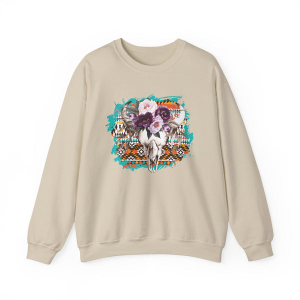 Aztec Floral Cow Skull on Turquoise Pattern Unisex Sweatshirt