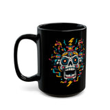 Funny Aztec Skull with Neon Circuits Black Mug