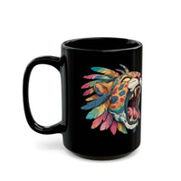 Comic Style Jaguar Mask with Rainbow Feathers Black Mug