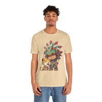Chibi Aztec Warrior and Jaguar Cub Cartoon Unisex T-Shirt