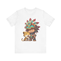 Chibi Aztec Warrior and Jaguar Cub Cartoon Unisex T-Shirt