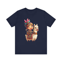 Playful Inca Girl and Llama Cartoon Unisex T-Shirt
