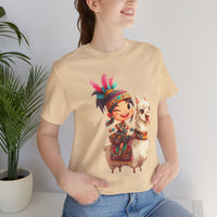 Playful Inca Girl and Llama Cartoon Unisex T-Shirt