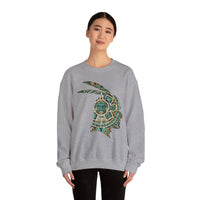 A Turquoise and Gold Mayan Warrior Face Unisex Sweatshirt