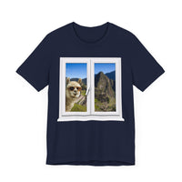 Funny Llama at the Window with Machu Picchu View Unisex T-Shirt