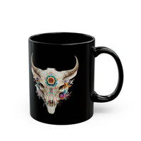Sacred Floral Cow Skull Mandala Illustration Black Mug