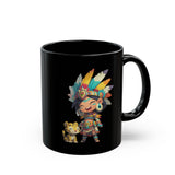 Aztec Chibi Girl with Jaguar Cub Warrior Culture Black Mug