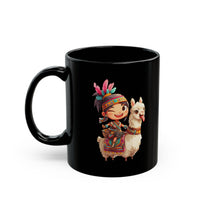 Playful Inca Girl and Llama Cartoon Black Mug