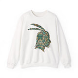 A Turquoise and Gold Mayan Warrior Face Unisex Sweatshirt