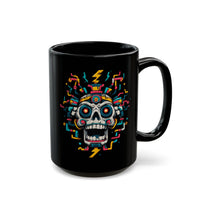 Funny Aztec Skull with Neon Circuits Black Mug