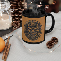 Mayan Jaguar Deity Woodcut Style Black Mug