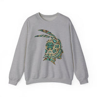 A Turquoise and Gold Mayan Warrior Face Unisex Sweatshirt