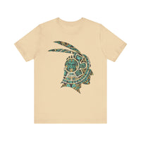 A Turquoise and Gold Mayan Warrior Face Unisex T-Shirt