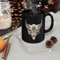 Sacred Floral Cow Skull Mandala Illustration Black Mug