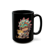 Chibi Aztec Warrior and Jaguar Cub Cartoon Black Mug