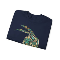 A Turquoise and Gold Mayan Warrior Face Unisex Sweatshirt
