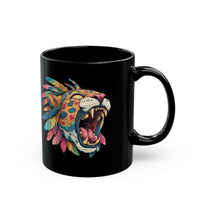 Comic Style Jaguar Mask with Rainbow Feathers Black Mug